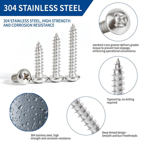 Four 304 stainless steel Phillips pan head screws displayed with focus on their high strength and corrosion resistance.