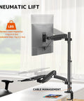 Premium Ergonomic Sit Stand Monitor Desk Mount With Wide Keyboard Tray For 17 To 32 Inch Screens Delivering Super Slick Pneumatic Spring Height Adjustment Tech with keyboard tray and screen load capacity details.