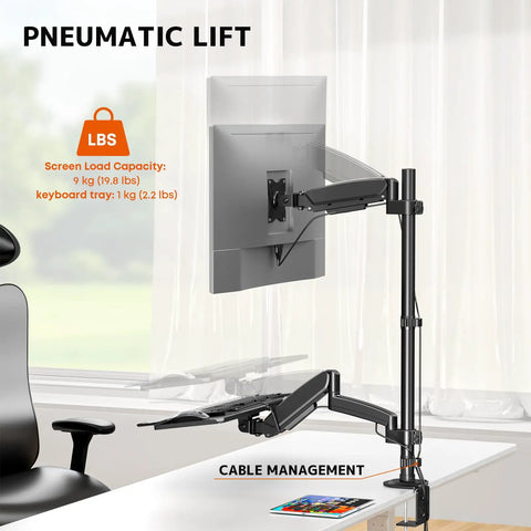 Premium Ergonomic Sit Stand Monitor Desk Mount With Wide Keyboard Tray For 17 To 32 Inch Screens Delivering Super Slick Pneumatic Spring Height Adjustment Tech with keyboard tray and screen load capacity details.