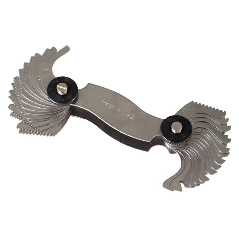 Screw pitch gauge with 30 steel leaves fanned out, Made in USA, for 4–42 TPI English threads