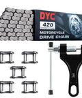 DYC 420 standard motorcycle drive chain set with chain breaker tool and clamp; includes six chain link segments