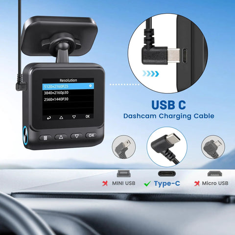 USB C Dash Cam Power Cable 13Ft 4M With 90 Degree USB A 2.0 To Type C Requires 5V 2.5A Input Replacement Power Supply shown with device