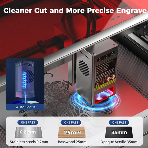 40W and 22W Dual Mode Laser Engraver and Cutter With Air Assist, Auto Focus Module, showcasing engraving process on materials.