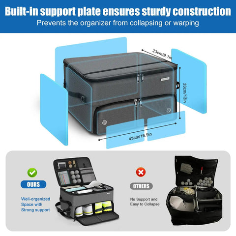 Two Layer Golf Trunk Organizer For Car And SUV With Shoe Compartment And Dividers Waterproof Golf Gear Bag For Men And All Your Golf Accessories Storage On The Go, showing sturdy support plate and dimensions.