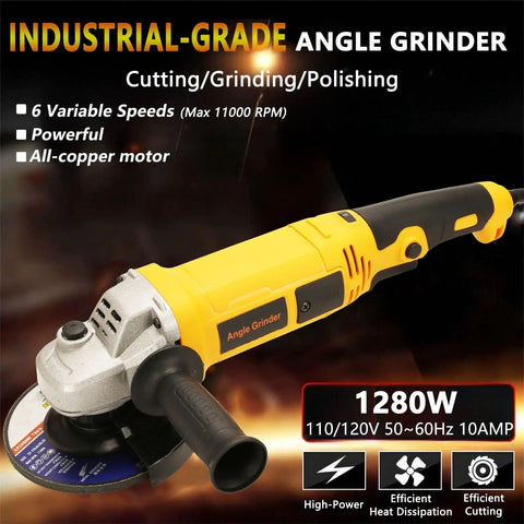 Beast 5 Inch Angle Grinder with 10 Amp 1280W Motor, six variable speeds, paddle switch, ideal for cutting, grinding, polishing