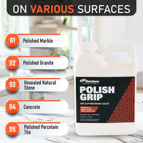 High Grip Non Slip Floor Coating And Sealant For Polished Marble Granite Porcelain Tile Concrete Pint highlighting use on polished surfaces.