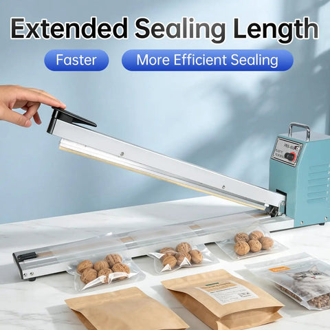Rock Solid Impulse Heat Sealer With 20 Inch Wide Seal Bar sealing plastic bags with walnuts, showcasing snap lock handle and extended length.