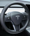 Image of Premium Nappa Leather Steering Wheel Cover For Tesla Model 3 And Y 2016 Through 2026 Non Slip Breathable Black Protector.