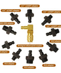 Oil pressure tester kit with brass 90-degree elbow quick coupler and multiple adapters (M10–M18, NPT)
