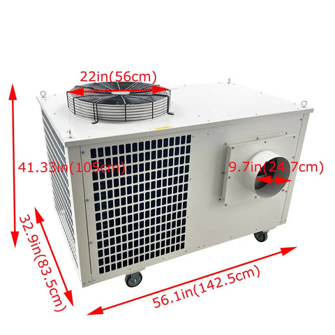 Heavy Duty Portable Industrial Air Conditioner For Warehouse And Shop 61000 BTU Commercial Spot Cooler dimensions with fan, 56.1in length, 41.33in height.