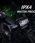 120dB Electric Bike Horn Bell, Compact Lightweight Waterproof IPX4, Quick Install For Adults Kids Bikes And Tricycles, Loud As Heck Safety Alert That Grabs Attention On City Streets, Red, black bike horn on handlebar in rain