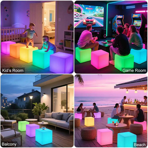 Lit RGB Color Changing LED Cube Seat 14-Inch LED Cube Chair With Remote in kid's room, game room, balcony, and beach.