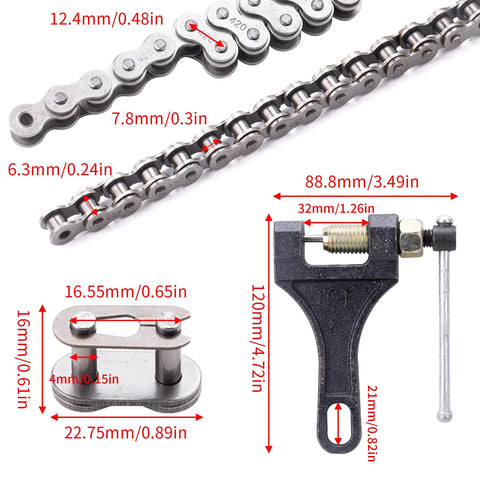 MRELC 420 motorcycle chain, silver, 132 links, with black chain breaker tool