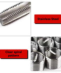 Close-up of Thread Repair Kit M11x1.25 Metric Female Thread Repair Tool Set components, featuring stainless steel inserts and spiral pattern.