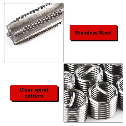 Close-up of Thread Repair Kit M11x1.25 Metric Female Thread Repair Tool Set components, featuring stainless steel inserts and spiral pattern.