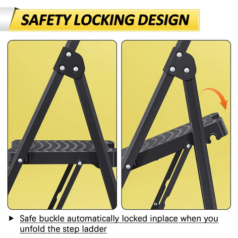 Safety locking design on 4 Step Folding Ladder With 900 Lbs Capacity, Anti Slip Wide Pedals And Handrails, yellow background