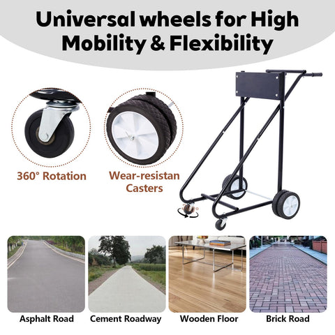 Outboard Motor Stand With Wheels Heavy Duty Engine Carrier For Storage And Maintenance Durable Boat Trailer Dolly Supports Up To 350 Lbs Black Wood Board with universal wheels for various surfaces.
