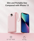 10000mAh Slim Portable Charger, Built In Four Power Bank Cables, Straight Up Travel Essential To Keep Yo Phone Lit Without Any Cord Drama, Ready For Commute next to iPhone 13 for size comparison.