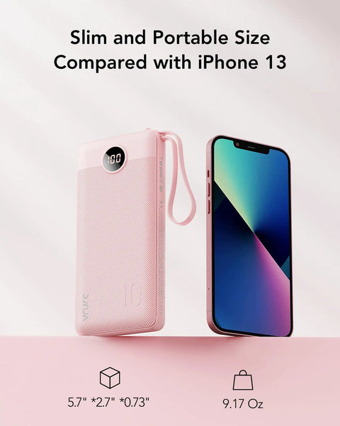 10000mAh Slim Portable Charger, Built In Four Power Bank Cables, Straight Up Travel Essential To Keep Yo Phone Lit Without Any Cord Drama, Ready For Commute next to iPhone 13 for size comparison.