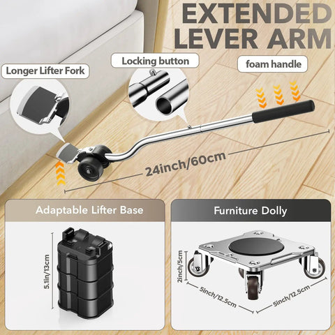Heavy Duty Furniture Movers With 5 Wheels, 360 Degree Rotatable Universal Casters For Easy Moving, Carbon Steel Dolly Panel shown with lever arm.