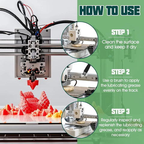 Instructions for applying 3D Printer Lubricant Grease 100g For Lead Screws X Y Z Axes And Gears with included brushes