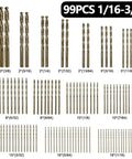Cobalt drill bit set, 99 pcs in plastic index case; sizes 1/16–3/8 in, M35 HSS twist bits