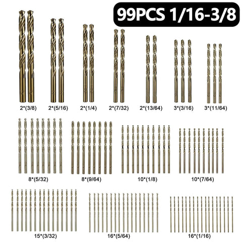 Cobalt drill bit set, 99 pcs in plastic index case; sizes 1/16–3/8 in, M35 HSS twist bits