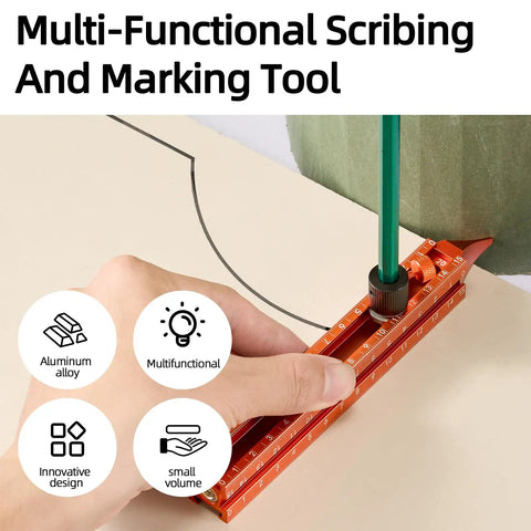 Four Sided Magnetic Layout Scriber With Laser Etched Scale For Straight On Measuring In Woodworking And DIY Carpentry Builds Lightweight Aluminum Alloy Knocks Out Perfect Lines Every Damn Time With Zero Sweat, showing precision marking on a surface.