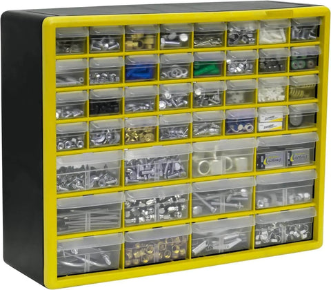 Pro Move 44 Drawer Plastic Parts Storage Cabinet For Garage Organization With Heavy Duty High Impact Build For Quick Hardware Access And Small Parts Sorting Done Right Yellow Made In Usa with assorted screws and bolts.