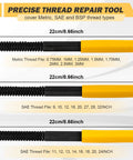 Three-piece thread repair file set with yellow-handled black tools; metric and SAE files (Amazon)