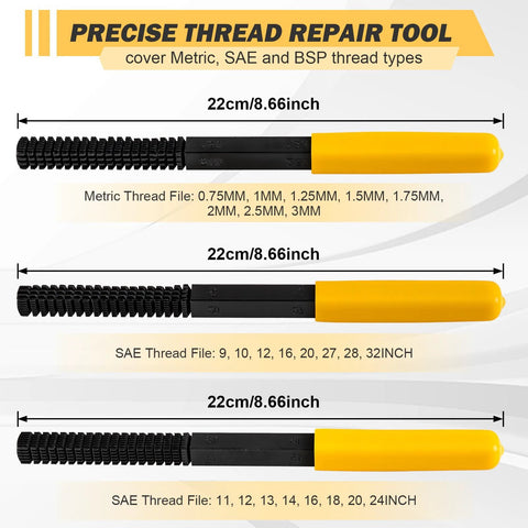 Three-piece thread repair file set with yellow-handled black tools; metric and SAE files (Amazon)