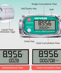 Three Quarter Inch Digital Turbine Flow Meter For Diesel Gas Oil Gasoline And Other Liquids Inline NPT Male Fitting 0.8 To 13.2 GPM Range Accuracy Within One Percent Built Tough Pro Grade Inline Fuel Monitoring Meter For Industrial Use with digital display showing flow rate and total flow readings, designed for precise inline fuel monitoring, NPT male fitting visible.