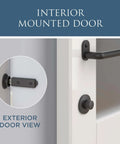 Sliding Barn Door Privacy Lock With Emergency Release Matte Black Finish 5 Inch Latch installed on interior door view