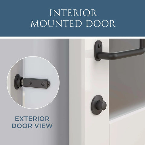 Sliding Barn Door Privacy Lock With Emergency Release Matte Black Finish 5 Inch Latch installed on interior door view