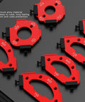 Killer DIY Router Radius Jig Set, Dead On Arc Corner Templates showcasing red aluminum jig templates with size markings.