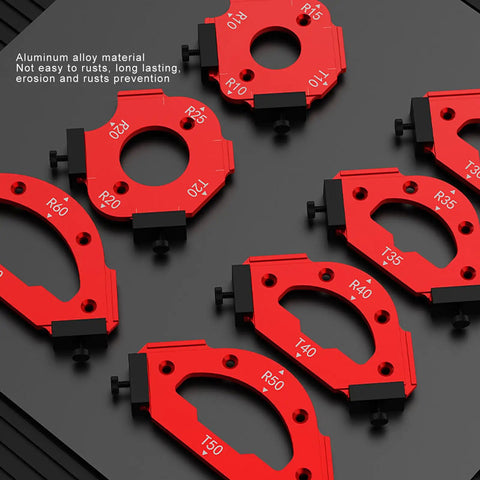 Killer DIY Router Radius Jig Set, Dead On Arc Corner Templates showcasing red aluminum jig templates with size markings.
