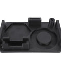 3D Printed Coffee Utensil Station Holder That Keeps Your Kitchen Counter Clean With A Slick Drip Catcher Tray, black storage rack with compartments.