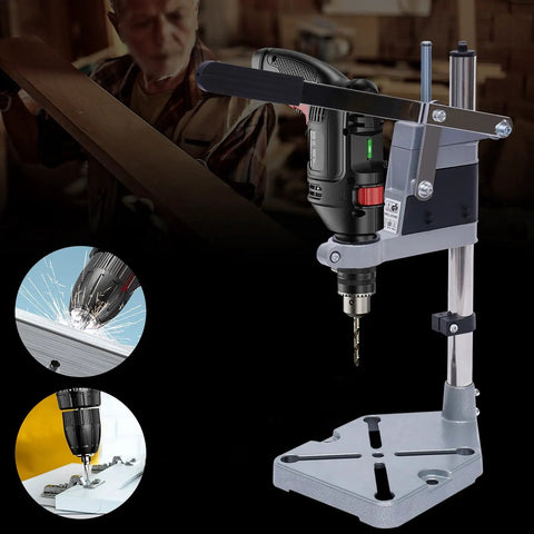 Universal Drill Press Adapter For Hand Tools, Adjustable Benchtop Conversion Stand, aluminum base for precise woodworking.