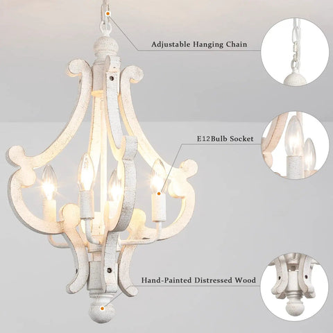 Farmhouse Rustic Wooden Chandelier With Four Lights In Antique White Finish For Dining Room Kitchen Island And Living Areas