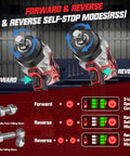 Forward and reverse modes of Three Quarter Inch Cordless Impact Wrench Bare Tool, High Torque 1850 Ft Lbs 2500 Nm, Brushless Power.