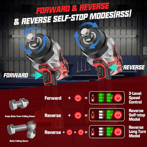Forward and reverse modes of Three Quarter Inch Cordless Impact Wrench Bare Tool, High Torque 1850 Ft Lbs 2500 Nm, Brushless Power.
