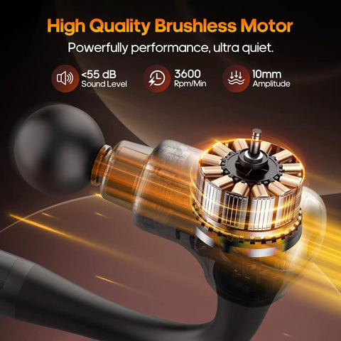 Close-up of high quality brushless motor in Deep Tissue Percussion Massage Gun With Heat And Extended Handle For Easy Self Massage.