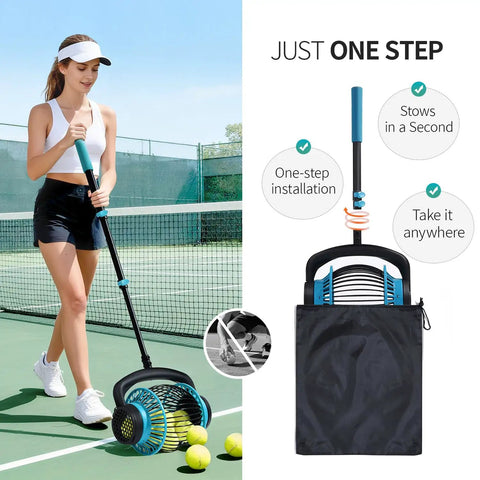 Woman using Portable Tennis Ball Hopper Roller No Bend Ball Collector With Quick Roll Telescopic Handle 26 to 51 inches on court