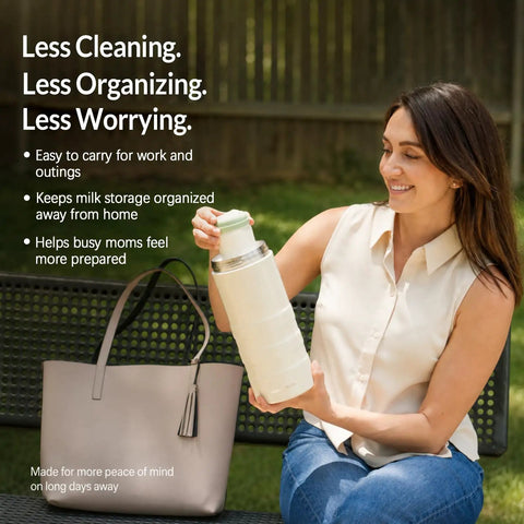 Woman holding Insulated Stainless Steel Breast Milk Cooler With Cool Gel Ring Keeps Your Milk Ice Cold On The Go For Busy Mamas Who Hate Spills And Lukewarm Bottles.