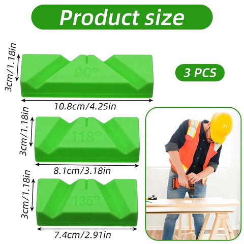Super Handy Drill Bit Sharpening Guide Jig For Bench Grinders With Three Angle Options 90 Degree 118 Degree And 135 Degree No Power Required For Regrinding Dull Twist Bits And Diy Metalworking Projects showing three green sharpening jigs with sizes.
