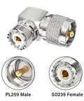 Two Pack UHF PL259 Male To SO239 Female Right Angle Adapter 90 Degree RF Coax Connector For CB Radio, Low Loss, Brass Copper Construction
