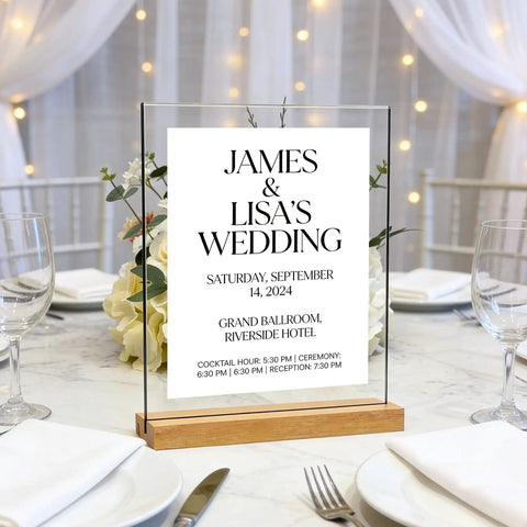 5x7 Inch Acrylic Sign Holder With Beech Wood Base For Vertical Or Slant Back Desk Display showing wedding sign on table