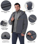 Man wearing Versatile 3-In-1 Waterproof Windproof Ski Jacket For Men With Removable Puffer Liner, showcasing hood and fabric details.