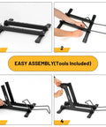 Assembly steps for Rock Solid Indoor Bike Stand For 20 To 29 Inch E-Bikes, showing easy installation of adjustable floor rack