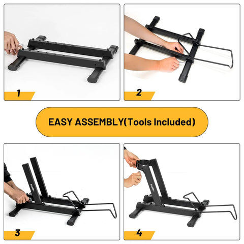 Assembly steps for Rock Solid Indoor Bike Stand For 20 To 29 Inch E-Bikes, showing easy installation of adjustable floor rack